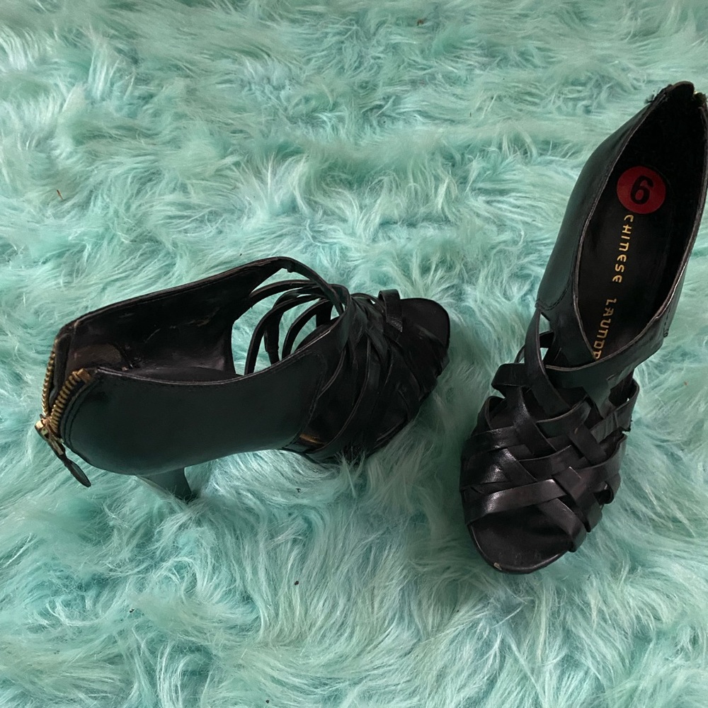 Black leather heel strap sandals